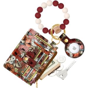 Wallet Keychain Wristlet for Women with AirTag Holder - Cute Design Credit Card Holder Wallets Key Chain Ring Slim Small RFID Air Tag Coin Pocket Purse for Ladies Teen Girls,Mogu Flower