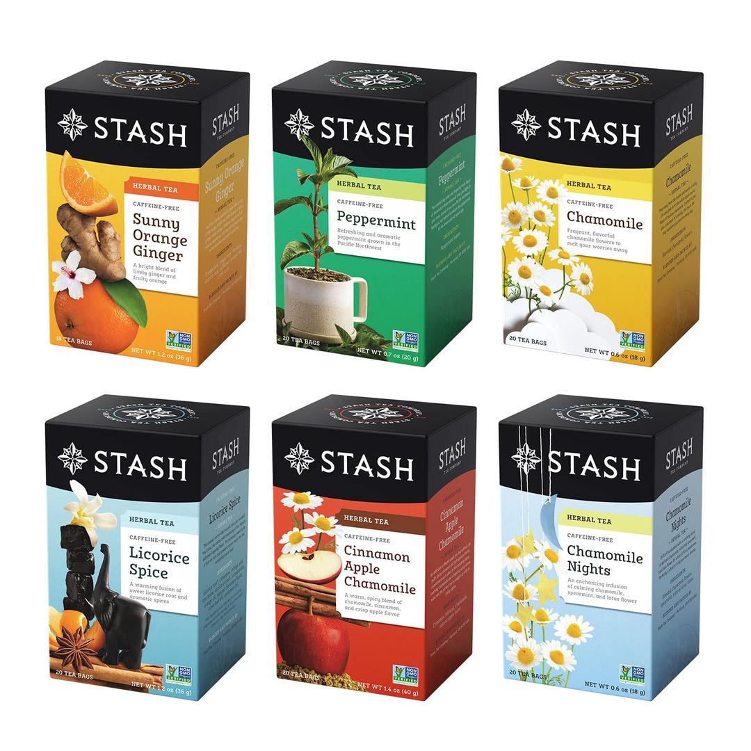 Stash Tea Soothing Herbal Tea 6 Flavor Variety Pack, 6 Boxes With 18-20 Tea Bags Each (EXP 09/18/28)