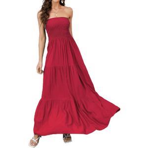 Women Strapless A Line Maxi Dress Tube Top Backless Casual Summer Dress (Red) S