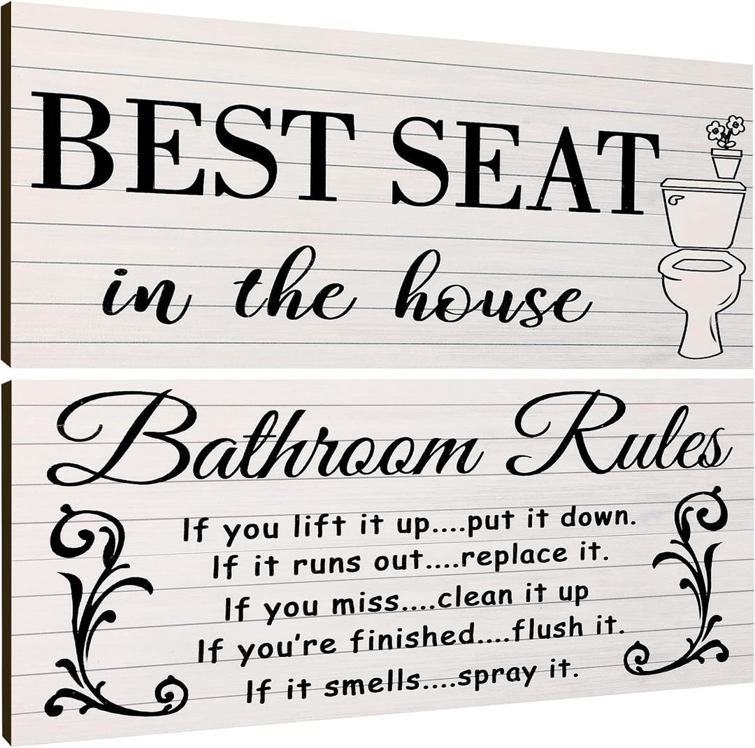 Jetec 2 Pieces Funny Bathroom Pictures Wall Sign Decor Farmhouse Bathroom Rule Wall Art Toilet Rustic Decoration Best Seat Wooden Sign(Simple Style)