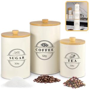 Canisters Sets for Kitchen Counter Storage and Organization with Wooden Bamboo Lids, Food Pantry Containers, Stackable Steel Storage Bins, Airtight Sugar Tea Coffee Canisters - Cream