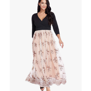 GRAPENT Women's Plus Size Sequin 3/4 Sleeves Evening Gown Party Long Maxi Dress 3XL