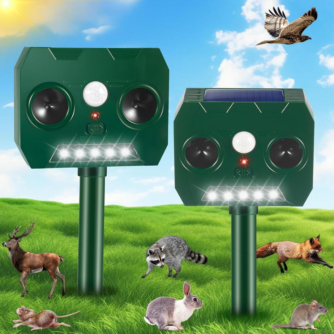 Solar Animal Repellent Ultrasonic Animal Repeller Outdoor with Strobe Light & Motion Sensor, Solar Deterrent Devices for Deer Cat Raccoon Squirrel Skunk Rabbit Repellent for Yard Garden Farm