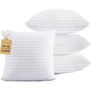 Pillow Insert Set of 4,Indoor Decorative 18x18 Throw Pillow for Couch, Sofa, Bed, Supportive Cushion and Sham with Premium Down Alternative Filled, White Striped