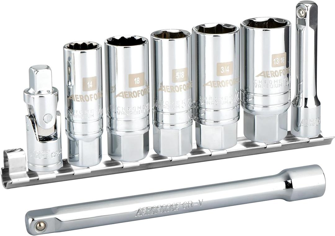 AEROFORCE 3/8-Inch Drive Spark Plug Socket Set 8PCS - Includes 6 Point Sockets 5/8-inch, 3/4-inch and 13/16-inch, 12 Point Sockets 14mm&18mm, 2 Extension Bars,Universal Joint