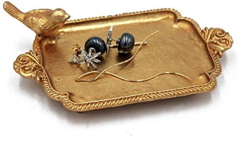 Funly mee Antique Trinket Dish Vintage Golden Metal Jewelry Tray with Bird, Ring Holder