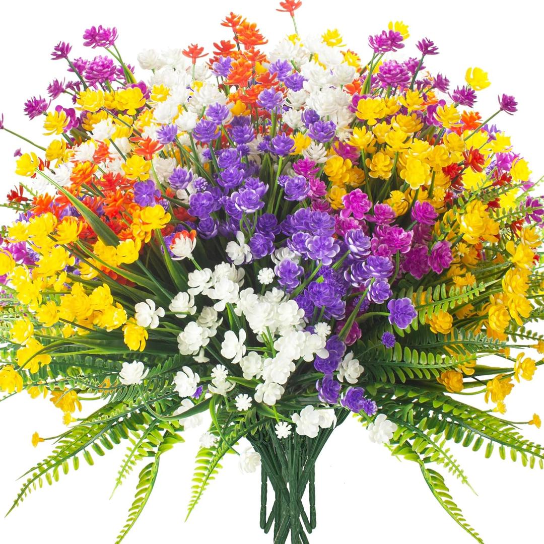 Grunyia 24 Bundles Artificial Flowers for Outdoor Decoration UV Resistant Fake Plastic Plants Faux Boston Fern Artificial Greenery for Summer Indoor Outdoor Garden Patio Window Box Kitchen Home Decor