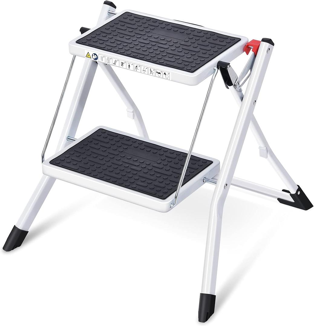 KINGRACK Folding Step, 2 stepsStepladder, Foldable, Ladder with Non-Slip Rubber mat, Step Stool with Release Button, Lightweight Steel, for up to 150 kg.