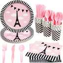 144-Piece Paris Party Supplies Set, Includes Plates, Napkins, Cups, and Cutlery, Ideal for Birthdays and Paris-Themed Parties (Pink & Black, Serves 24)
