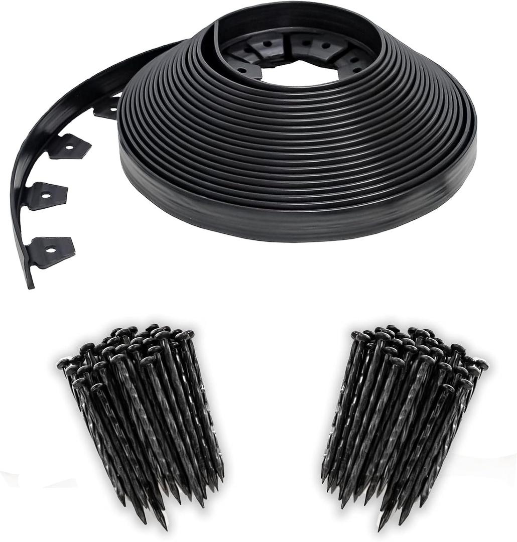 EasyFlex No-Dig Landscape Edging with BONUS Anchoring Spikes, 1.5 in. Tall Straight Top Plastic Garden Border, 100 Foot Kit, Black