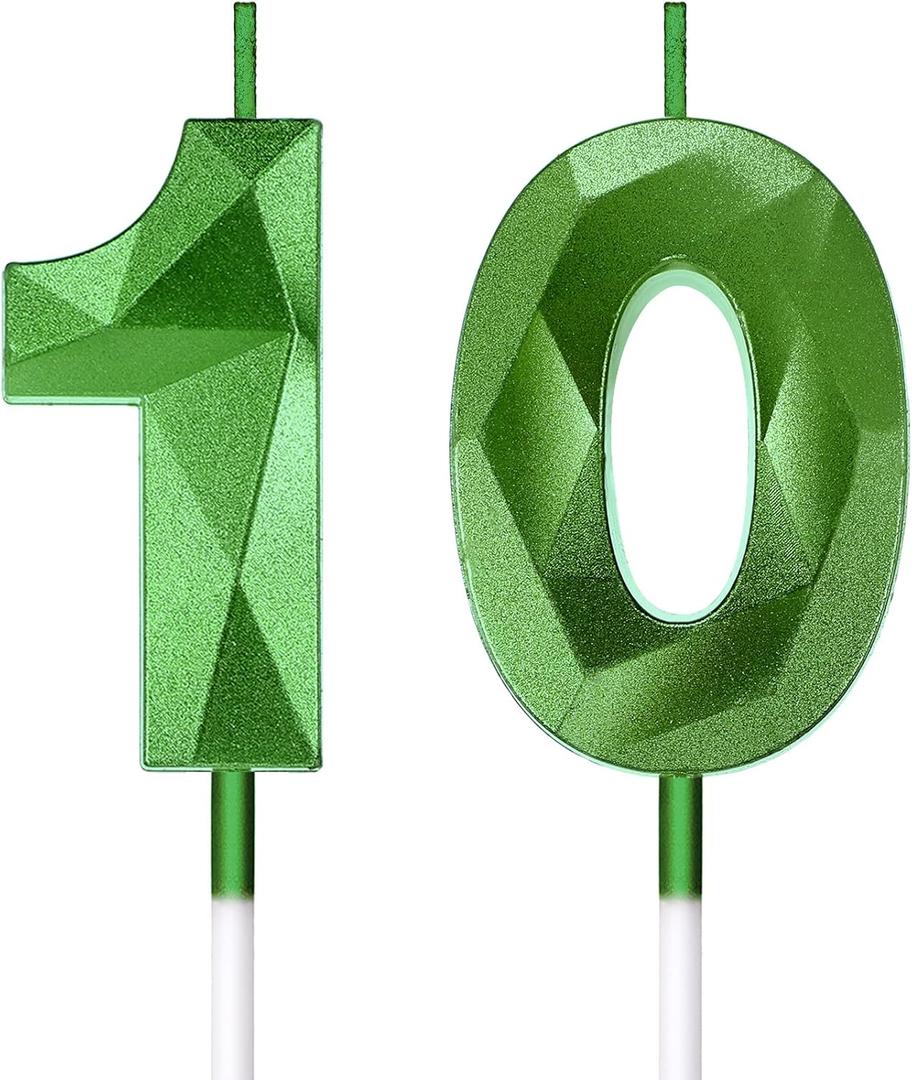 10th Birthday Candles Cake Number Candles Happy Birthday Cake Topper Decoration for Wedding Anniversary Celebration Favor, 3.54 Inches Total Length (Green)