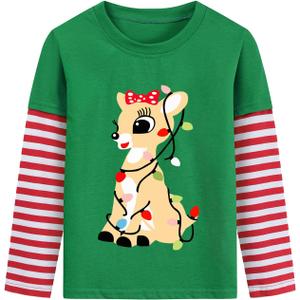 Toddler Girl Christmas T-Shirt Kid Xmas Ugly Reindeer Santa Claus Snowman Shirt Long Sleeve Strip Patchwork Cooton Tee Top