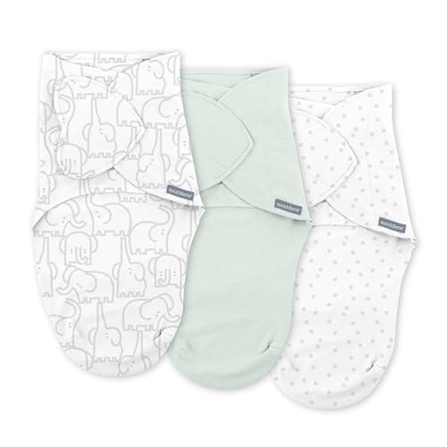 SwaddleMe by Ingenuity Monogram Collection Baby Swaddle, 100% Cotton, Improves Sleep & Calms Startle Reflex, 0-3 Months, Pocket Fold Design for Easy Changes, 1.0 TOG, 3-Pack - Elephant Dance