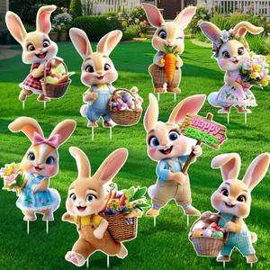 8 PCS Easter Yard Decorations Outdoor, Outside Decoration for Yard, Waterproof Bunny Decorations, Cute 3D Plastic Rabbit Yard Signs with Stakes, Easter Lawn Ornaments for Garden Lawn Patio Home Decor