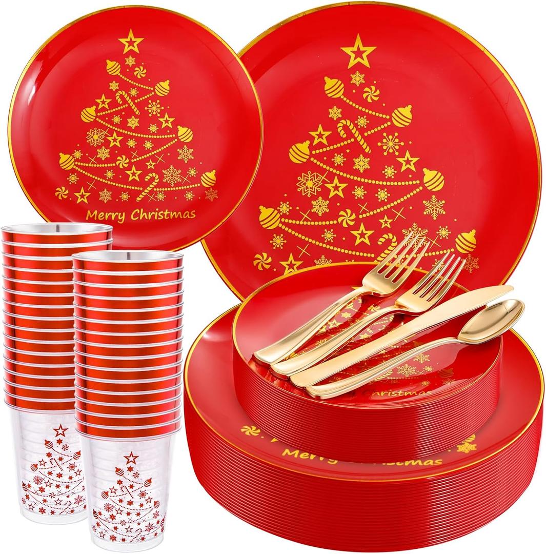LIYH 150 Pcs Red Plastic Christmas Plates - Disposable Dinnerware Set, Christmas Plastic Plates, Red Silverware Set, Disposable Xmas Cups 10 OZ Holiday Tableware Dishes for Xmas Day 25 Guests