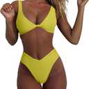 Geluboao Bikini Set for Women Solid V Neck Knot Front Push Up High Leg Thong Two Piece Swimsuit (Yellow, L)