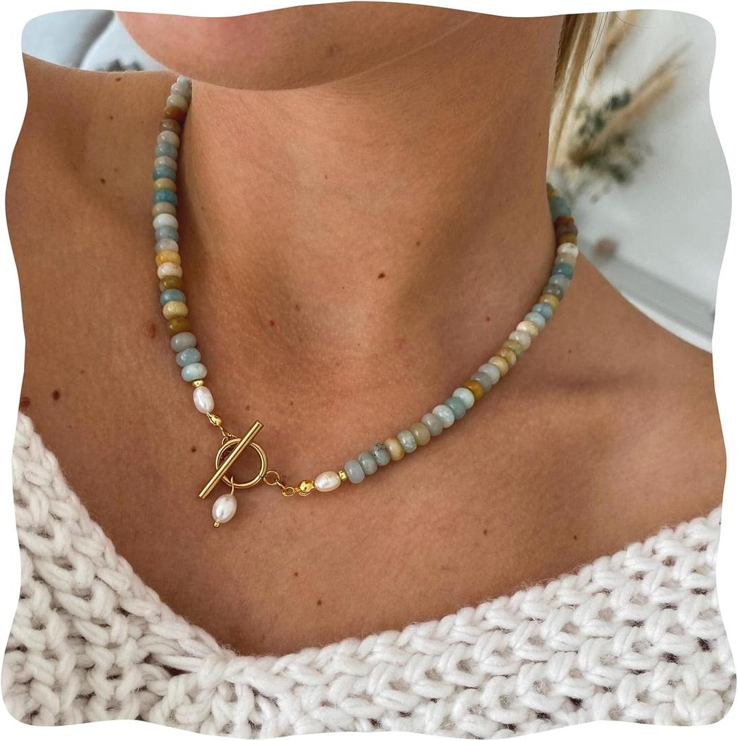 Amazonite Necklace, Colored Natural Stone Amazonite Beaded Necklace with Freshwater Pearl, 18 Inch Beaded Choker Summer Beach Jewelry for Women