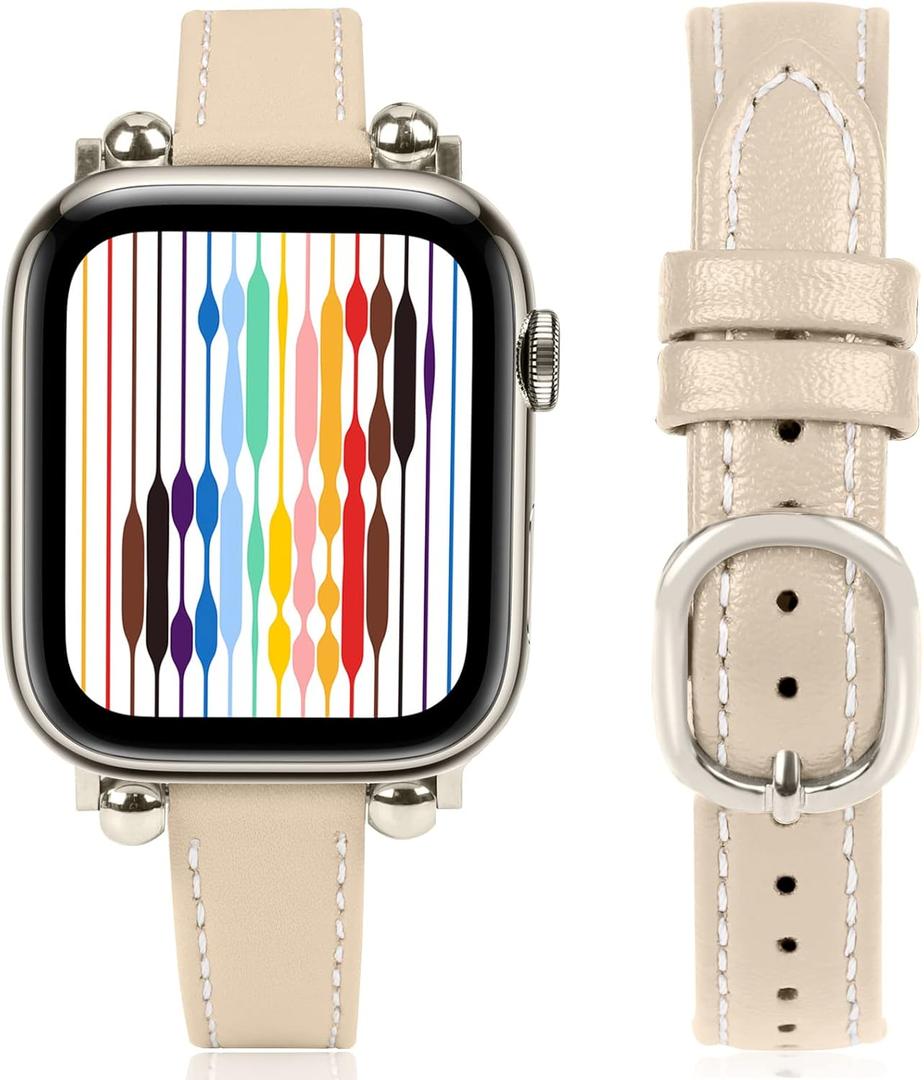 JOYOZY Slim Leather Band for Women Compatible with Apple Watch 49MM 45MM 44MM 42MM 41MM 40MM 38MM, Cute Fancy Top Genuine Leather Strap for iWatch Ultra, Series SE/9/8/7/6/5/4/3/2/1 (Beige/Starlight)