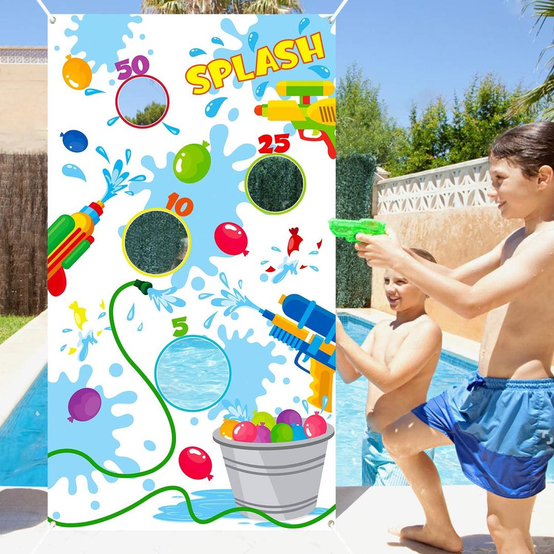 Toss Game Banner for Water Balloons, 4 Score Holes Shooter Target for Water Gun, Swimming Pool Fun Addition Toy for Throwing Water Bomb, Summer Splash Fun for Kids Adults, Pool Party Supplies