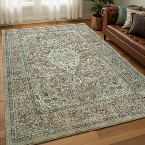 Washable Rug 4x6, Sage Green Area Rugs Non Slip, Indoor Low Pile Carpet with Rubber Backing for Living Room Kitchen Bathroom Entryway Office Bedroom (Green/Light Brown)