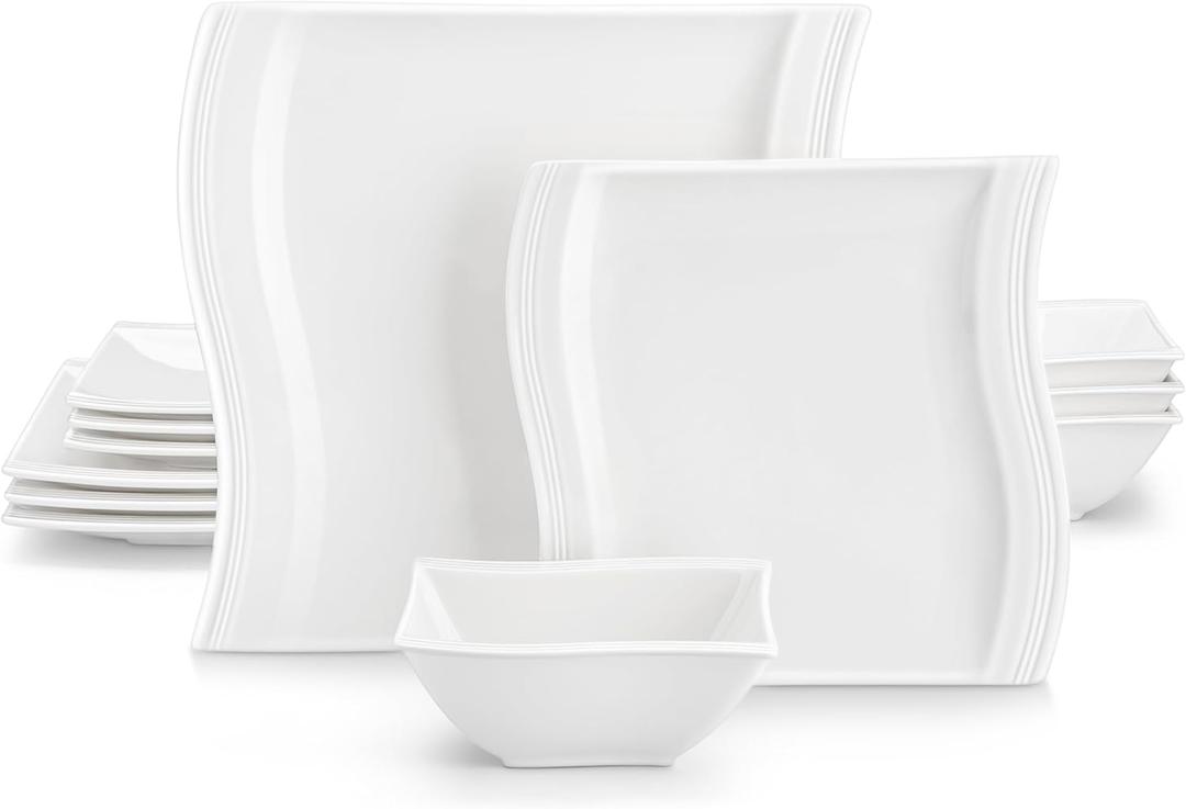 MALACASA Ivory White Dinnerware Set, 12 Pieces - Porcelain Dinner Plates, Dessert Plates and Bowls, Square Flora Pattern (12 Piece(Service for 4))