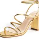 DREAM PAIRS Women's Heels Chunky Block Strappy Square Open Toe Ankle Buckle Heeled Sandals Wedding Party Dress Shoes Indie (9, Gold-pu)