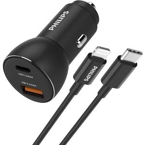 PHILIPS Car charger USB A-C - DLP2521C/04 - Black - incl. USB-C-Lightning Cable - Cigarette Lighter - iPhone Car Charger - 36W Fast Charge