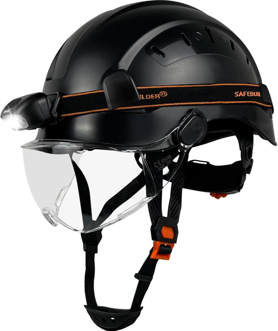Safety Helmet with Headlight,Safety Hard Hats with Visor,Rechargeable Headlamp for Men Work Industrial,Construction,Forestry (Black-Clear Visor-05E Headlight)