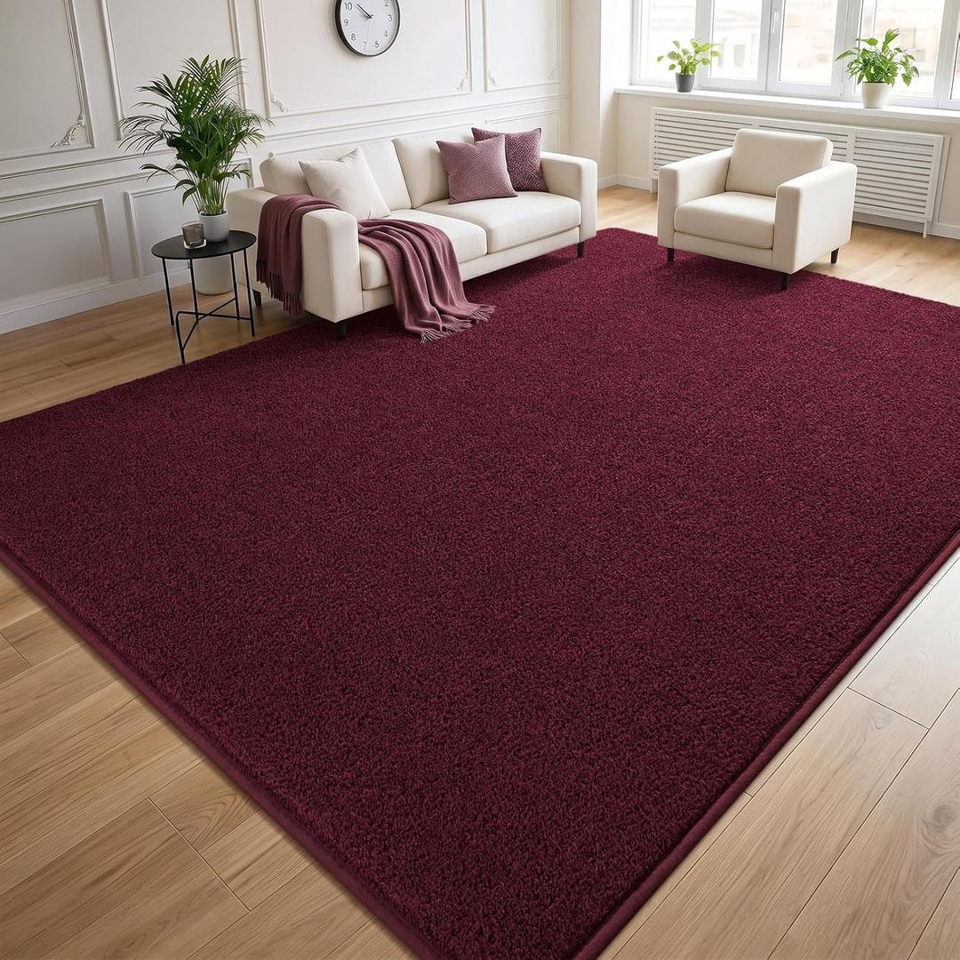 DweIke 7x10 Burgundy Red Rugs for Bedroom Living Room, Soft Fluffy Washable Low Pile Solid Color Rug, Non-Slip Throw Carpets for Kids Boys Girls Dorms Nursery Classroom Home Decor