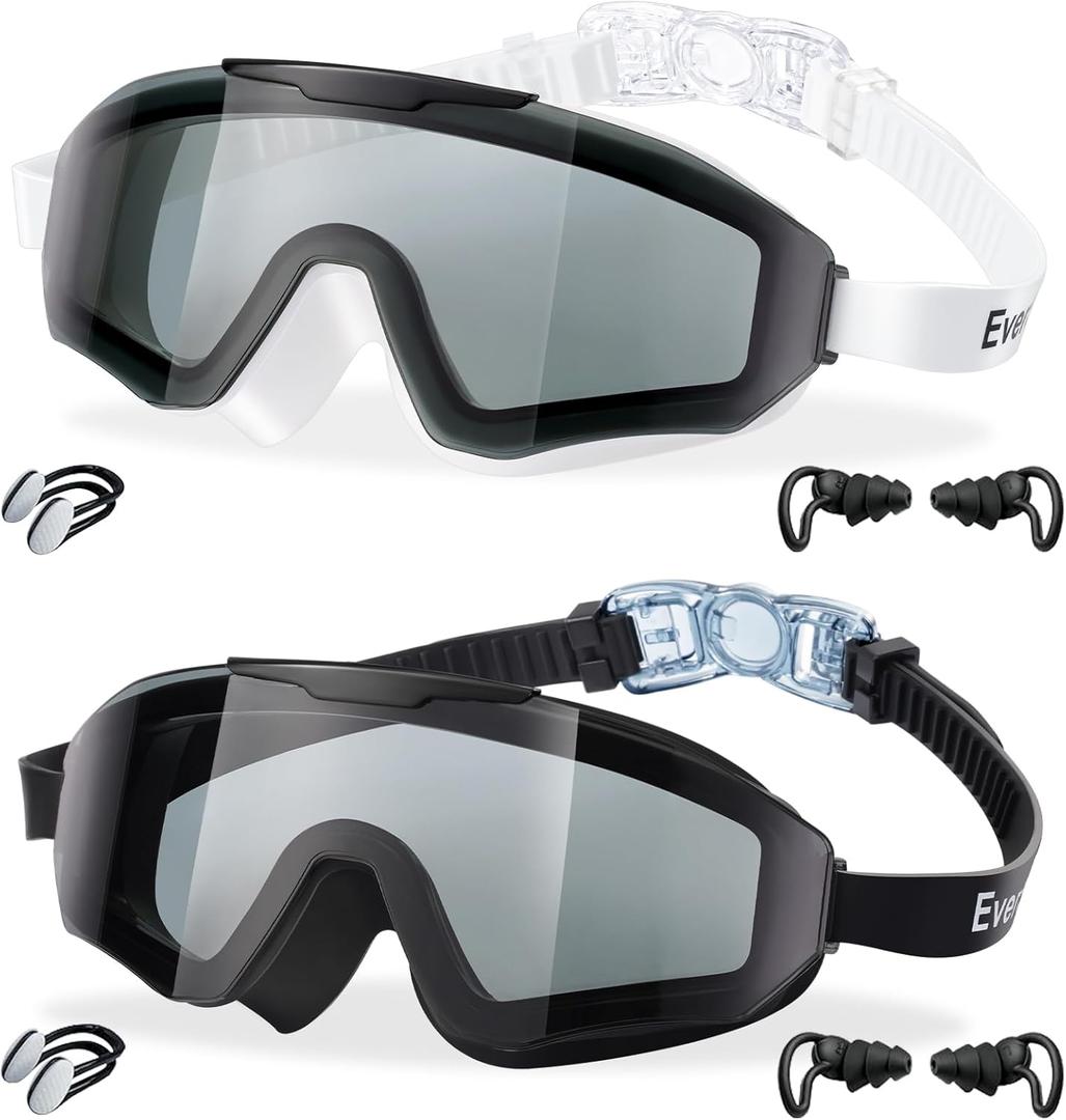 EverSport 2 Pack Kids Swim Goggles Age 8-16 Extra Silicone Layer, Swimming Goggles for kids Teen Youth Children Boys Girls (Black & White)