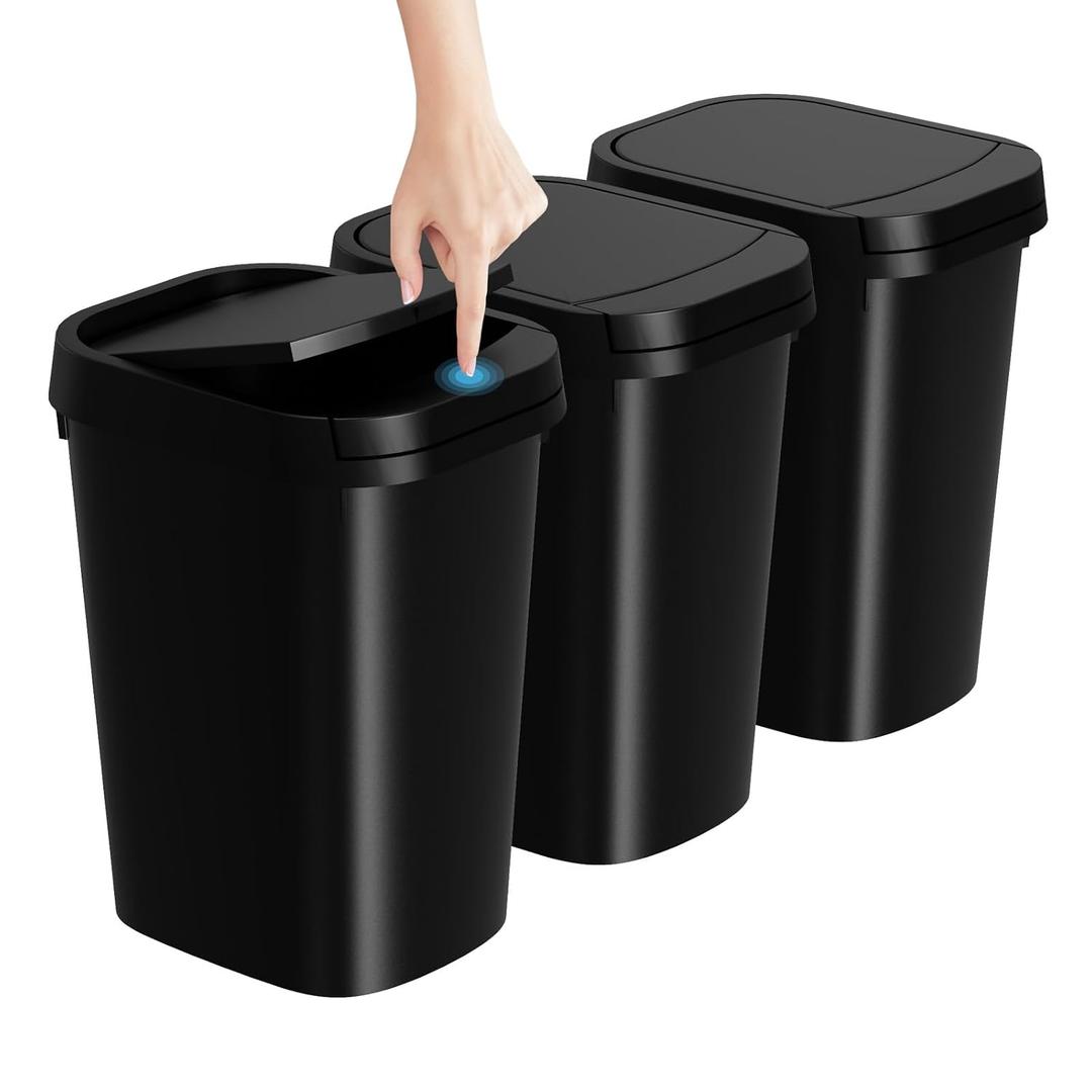 KSSKSS 1 Pack Bathroom Small Trash Can with Lid, 2.6 Gallon Slim Garbage Bin with Pop-Up Lid, 10L Plastic Wastebasket for Bedroom, Office, Kitchen, Toilet (Black)