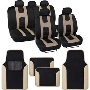BDK CarXS Beige Car Seat Covers Full Set with Matching Set of Floor Mats for SUV & Truck Truck Front Seats & Rear Bench Cover Seats Protector Car Mats Full Set Interior Seat Covers