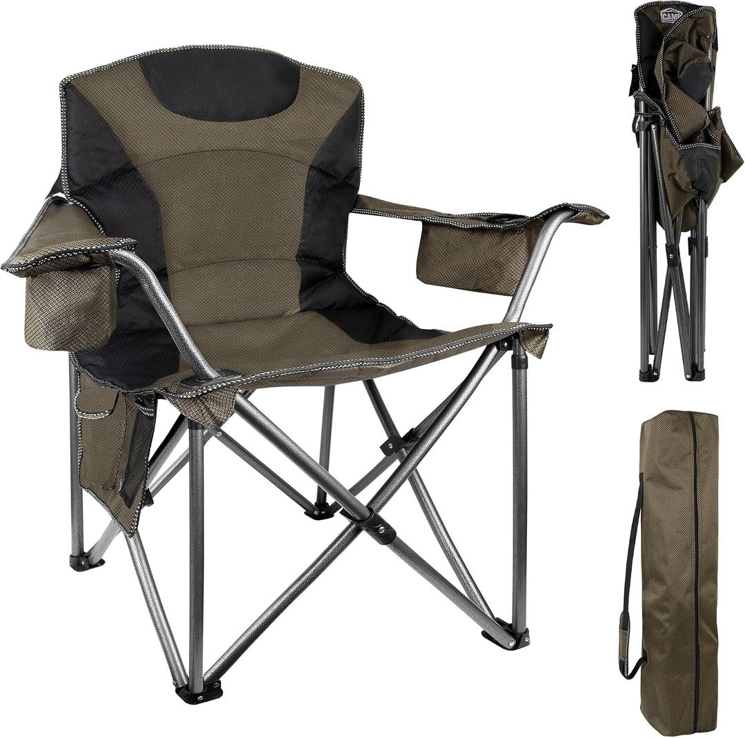 Heavy Duty Folding Camping Chair, 500LBS Capacity, Oversized Padded Outdoor Chair with Cooler Bag and Cup Holder, for Camping, Fishing, Beach (1, Green), 24.8 Inches X 24.8 Inches X 41.34 Inches