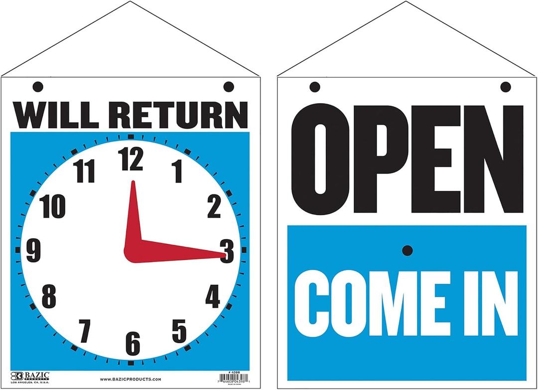 BAZIC Products Open Closed Signs for Business, Double-sided Vinyl Open Signs for Business Window, Will Return Clock Sign, Be Back Sign With Clock for Businesses, Shop, Office & More, 7.5"X9", 1-pack