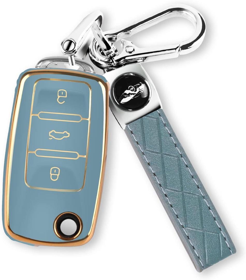 MILD EAST for VW Car Key Fob Cover with Keychain, Soft TPU Car Key Case Shell for Volkswagen Beetle Gti Jetta Passat Tiguan (blue)