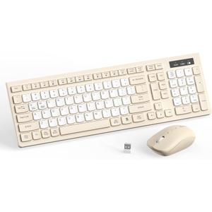 Silent Wireless Keyboard and Mouse Combo, Full-Sized Wireless Keyboard and Adjustable DPI Mouse, 2.4GHz USB Receiver, Keyboard and Mouse for PC, Windows, MAC, Desktop, Laptop(Latte-Color B)