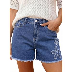 Dokotoo Womens Jean Shorts Floral Embroidered High Waisted Casual Stretchy Raw Edge Hemline Denim Shorts, Size 4