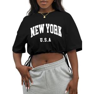 Hilinker Women's Drawstring Short Sleeve Crop Tops Summer Casual Loose Fit Crew Neck T Shirts Black New York X-Large