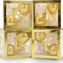 Vellax Baby Boxes with Letters for Baby Shower - Baby Shower Decorations of 44 pcs, 32 Gold White Balloons, 4 Gold Blocks, 8 Letters, Perfect Party Decor (Gold Boxes With Gold & White Balloons)