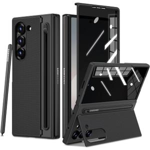 Ruky for Samsung Galaxy Z-Fold-6-Case with S Pen Holder [No Pen], [Not for Z Fold 5] with Hidden Foldable Kickstand and Built-in Privacy Screen Protector, Slim Shockproof Protective Phone Cover, Black
