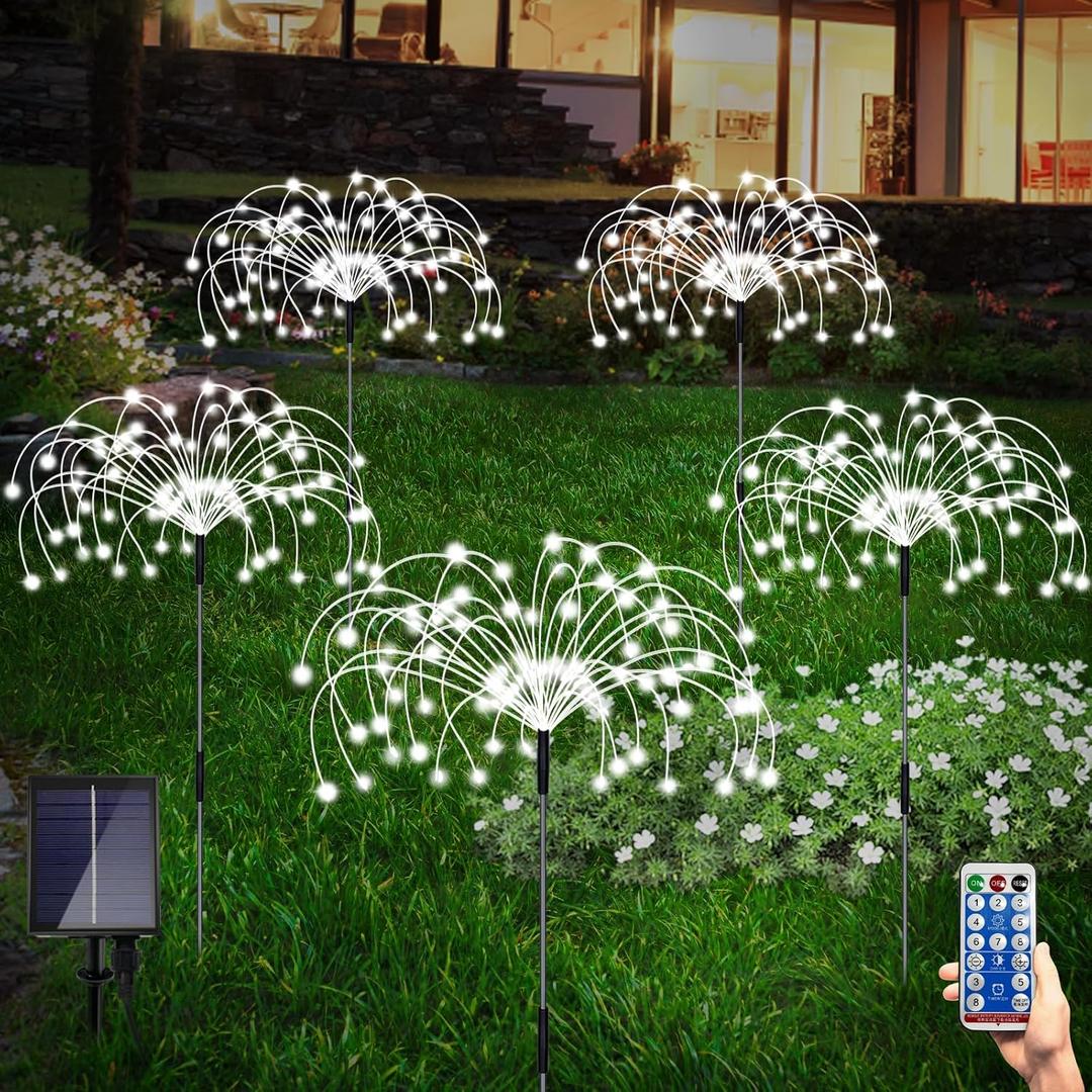 Solar Garden Lights Outdoor Fireworks - 5 Pack Decorative Solar Lamps with 8 Modes Remote for Lawn Backyard Patio Pathway (Cool White)