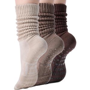 CoolMate Pilates Socks with Grips for Women, Yoga Socks, Crew Non Slip Women for Barre, Valentines Day Gifts for Her (6-10, A-11. 3 Pairs Slouch Brown/Light Brown/Beige)
