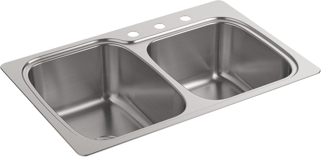 KOHLER Verse 33" Top-/Undermount Double-Bowl Kitchen Sink, Stainless Steel, 3 Faucet Holes, Durable and Versatile Design, K-75791-3-NA