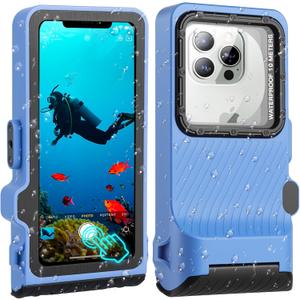 2025 Upgrade Universal Underwater Waterproof Diving Snorkeling Phone Case for iPhone 16/15/14/13/12/11 Pro/Pro Max/XS/X Samsung Galaxy S24/S23/S22/S21 Scuba Underwater Touchscreen Photo Video Housing (Blue Black)