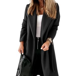 Women's Classic Coat Lapel Collar Open Front Belted Long Jacket (Medium, Black)