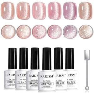 RARJSM Nude Cat Eye Gel Polish Set 6 Pcs Sparkle Diamond Glitter Sheer Purple Soft Pink Chanpagne Gold Velvet Ice Jelly Glass Cateye Gelpolish with Magnet Stick UV LED Curing Requires Home Manicure