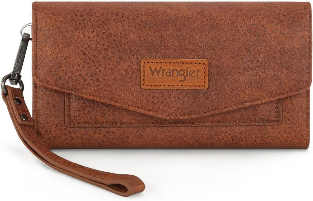 Montana West X Wrangler Brown Wallet Women Rfid Large Wristlet Trifold Women's Wallets Card Cases & Money Organizers with Detachable Wrist Strap