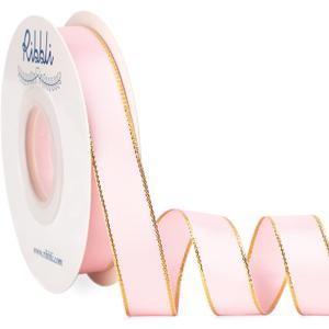 Ribbli Light Pink Satin Ribbon with Gold Edge,Double Faced Satin 5/8 Inch x Continuous 25 Yards,Baby Pink Ribbon Use for Crafts, Gift Wrapping, Wedding Card Decoration