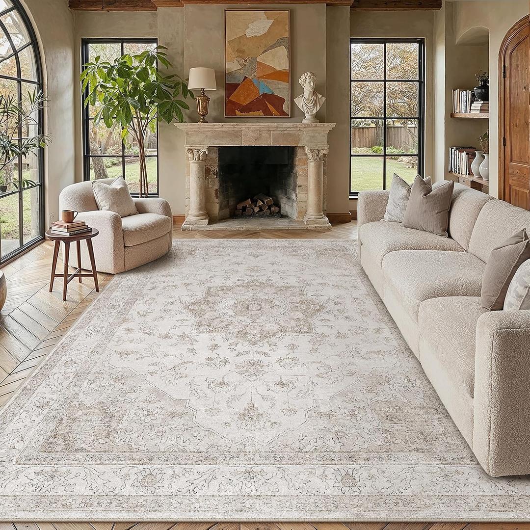 PureCozy 9x12 Washable Area Rug Beige Non Slip Thick Soft Vintage Carpet