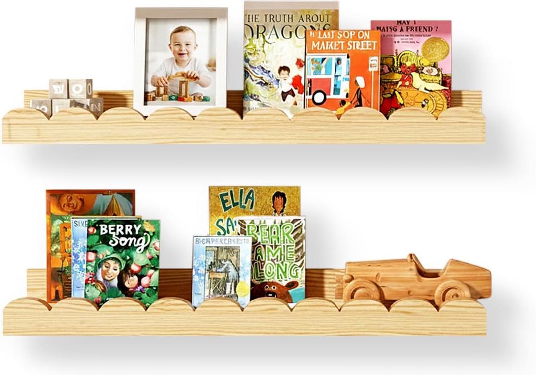 Nursery Floating Shelves for Kids Room, 2 Pack 23.6 Inch Natural Wood Wall Shelves with Scalloped Edge, Kids Bookshelves for Toddler Bedroom, Playroom, Baby Nursery Decor, 2pc-23.6in